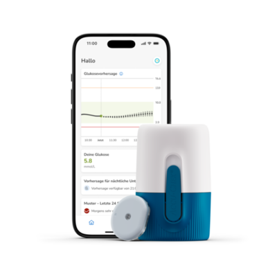 Bild des Sensors, des Applikators und eines Mobiltelefons mit dem CGM-App-Bildschirm